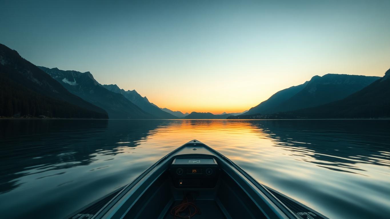 Priveliște de pe barca electrică spre munții învăluiți în lumina apusului, lacul calm